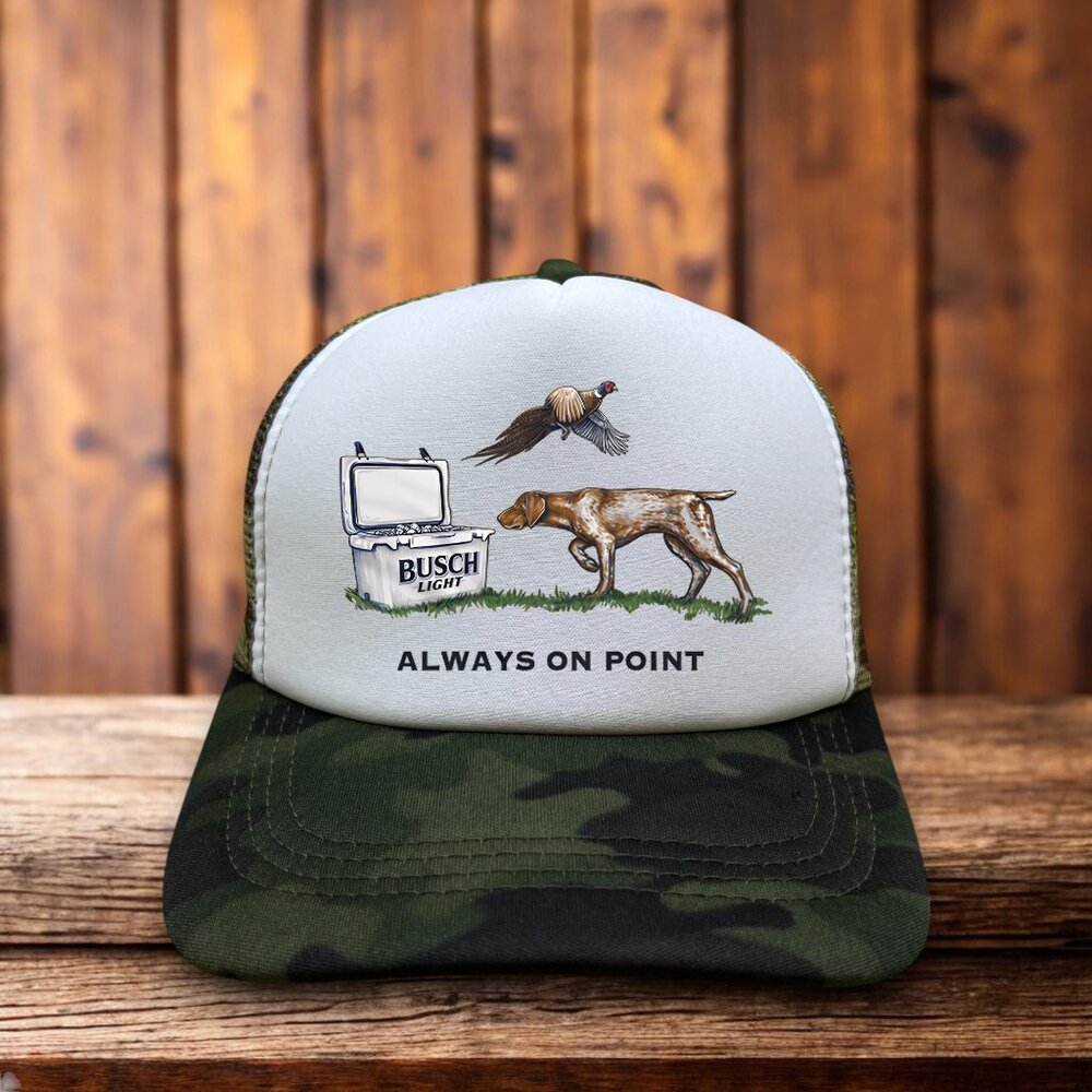 Busch Light Mens Trucker Hat Camo Dog Always On Point Dog Hunting Duck Cap
